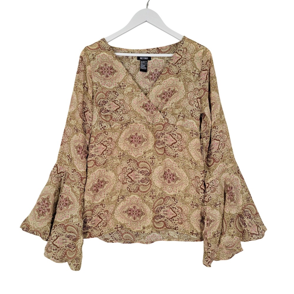 Retro Paisley Babydoll Blouse Women Large Tan Bell Sleeve V-Neck Back Tie Y2K